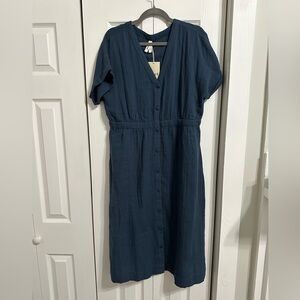 Pact Organic cotton smoky blue midi button up dress— Size L NEW WITH TAGS